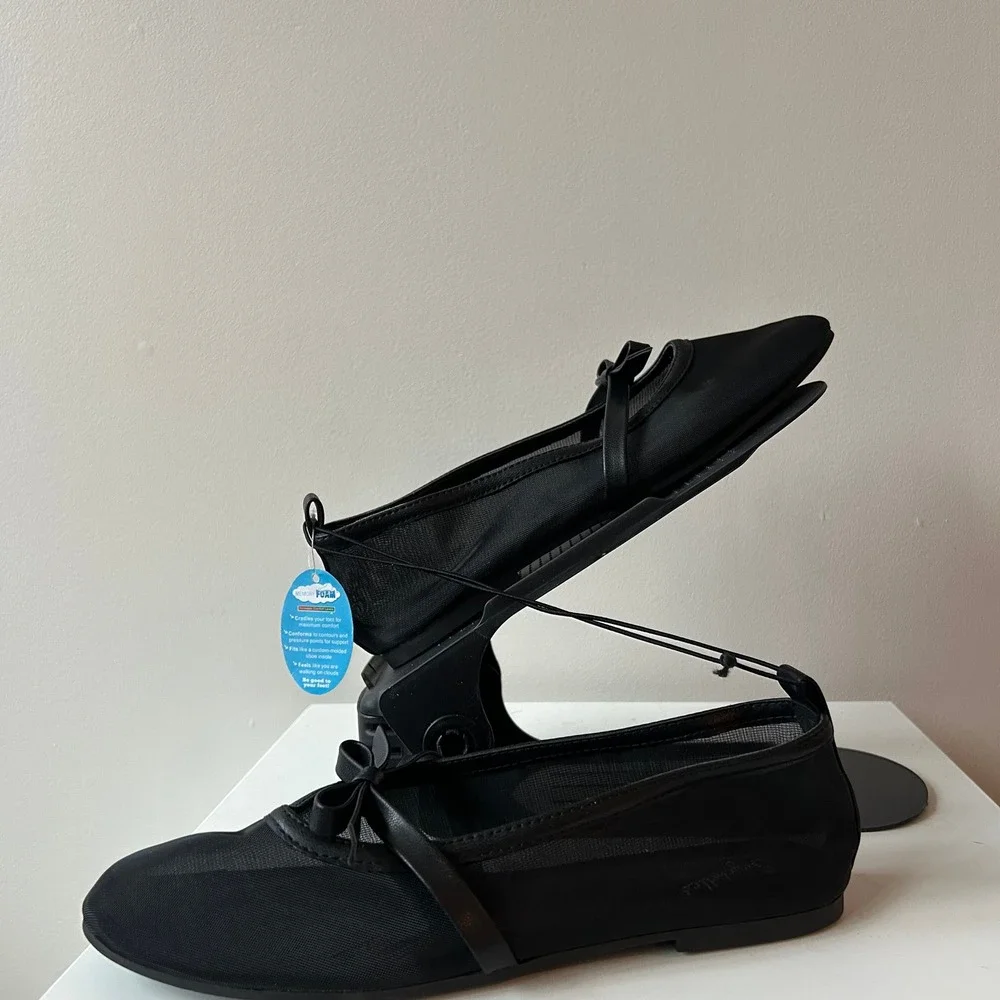 Seychelles Sheer Mesh Ballet Flats 8 Black Eloise Memory Foam Mary Jane Bow